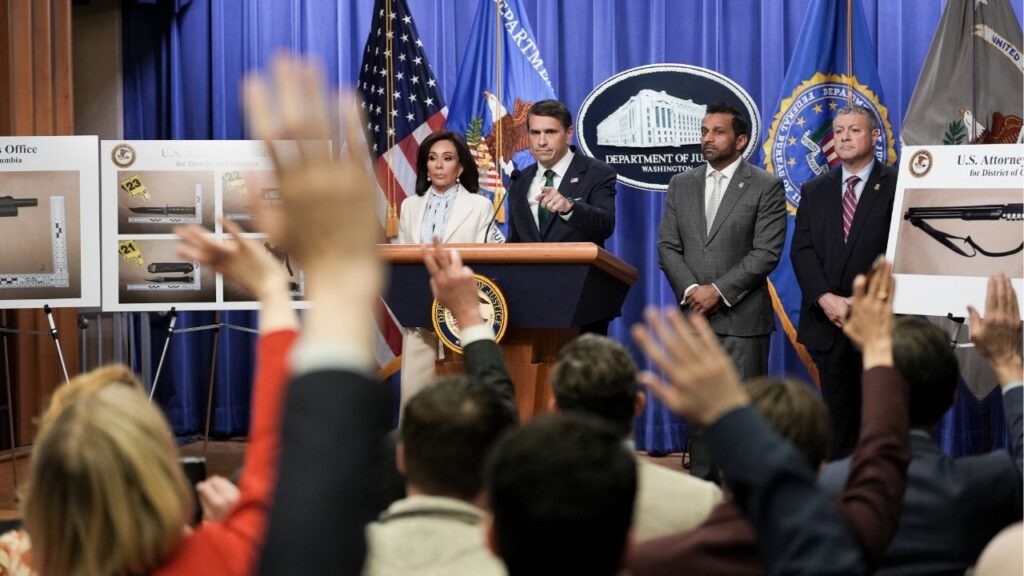 Todd Blanche, acting attorney general, takes questions at a news conference on the White House correspondents' dinner attack with Jeanine Pirro, left, the U.S. attorney for the District of Columbia; and FBI Director Kash Patel, third from left, at the Department of Justice in Washington, April 27, 2026. A new prosecution memo details the preparations made in the days and weeks before the assault on the White House correspondents’ dinner. (Salwan Georges/The New York Times)