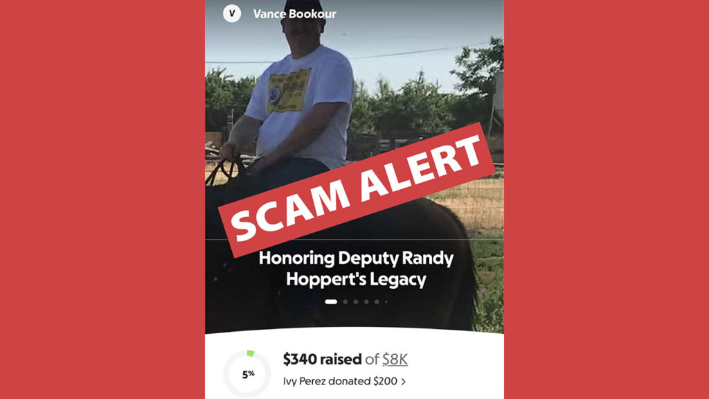 Image of a scam alert about con men preying on the killing of a Tulare County sheriff's deputy