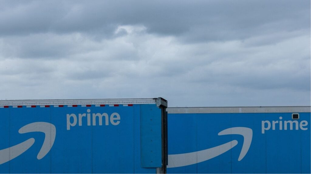 Two Amazon Prime semi trucks at a rest stop off the highway near Oceanside, California, U.S., March 31, 2026. (Reuters/Mike Blake)