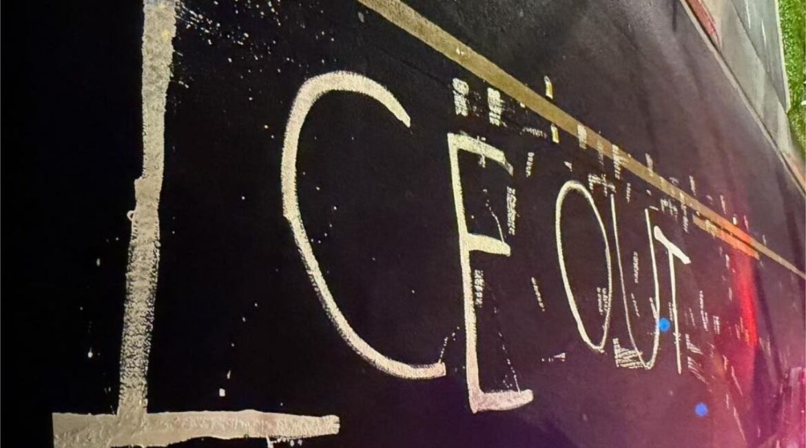 Two women were arrested on felony charges after police said they painted “ICE OUT” on a Modesto roadway during a protest near Doctors Medical Center. (Modesto PD)