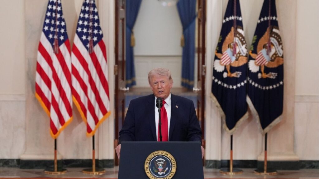 U.S. President Donald Trump delivers an address to the nation about the Iran war at the White House in Washington, D.C., U.S. April 1, 2026. Alex Brandon/Pool via REUTERS