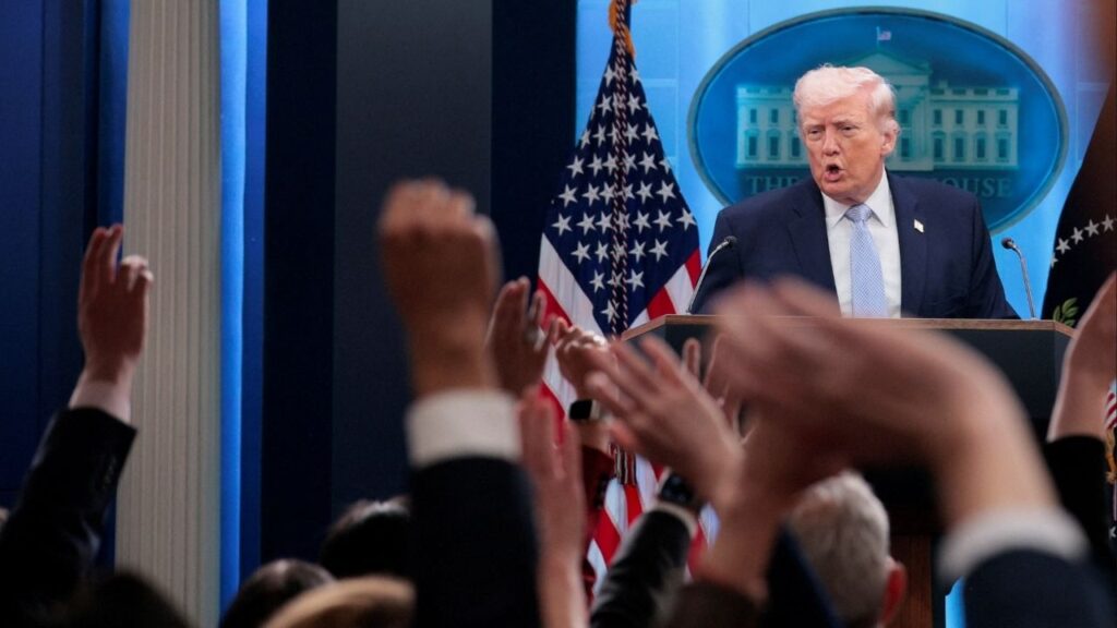 U.S. President Donald Trump takes questions as he speaks during a press conference in the James S. Brady Press Briefing Room at the White House in Washington, D.C., U.S., April 6, 2026. REUTERS/Evan Vucci