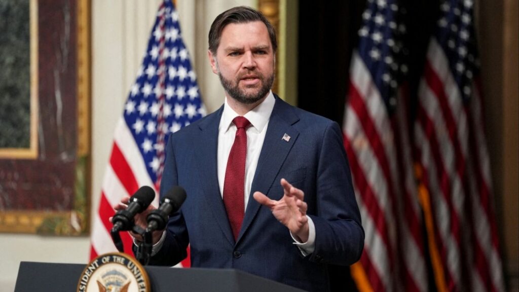 U.S. Vice President JD Vance delivers a speech on the day he administers the oath of office to Colin McDonald, the U.S. Assistant Attorney General in charge of fraud enforcement, in the Indian Treaty Room of the Eisenhower Executive Office Building (EEOB) on the White House campus in Washington, D.C., U.S., April 1, 2026. (Reuters File)