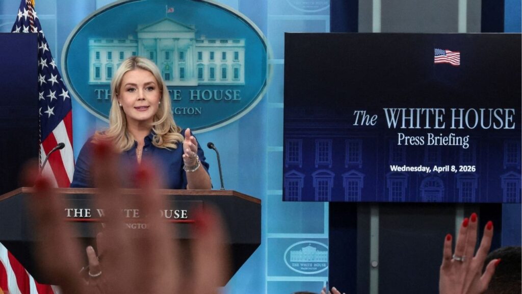 U.S. White House Press Secretary Karoline Leavitt takes questions from the media during a press briefing in the James S. Brady Press Briefing Room at the White House in Washington, D.C., U.S., April 8, 2026. (Reuters/Evelyn Hockstein)