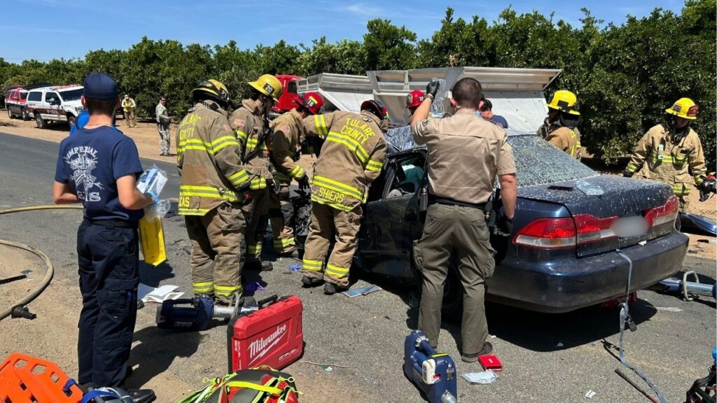 Units are on scene of a major traffic accident at Avenue 136 and Road 216 in Tulare County, where roads remain blocked on Monday, April 20, 2026. (Tulare County FD)