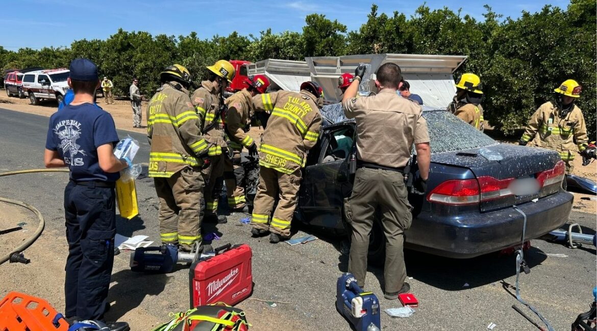 Units are on scene of a major traffic accident at Avenue 136 and Road 216 in Tulare County, where roads remain blocked on Monday, April 20, 2026. (Tulare County FD)