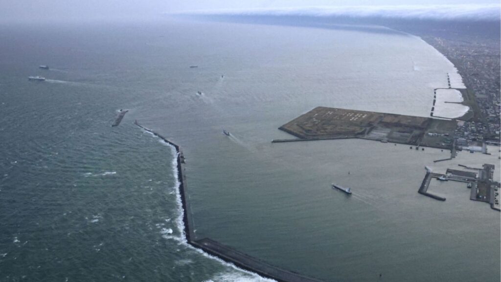 Vessels depart a port in Tomakomai, Hokkaido Prefecture, Japan, where a tsunami warning was issued following an earthquake, April 20, 2026, in this photo taken by Kyodo. Mandatory credit Kyodo/via REUTERS