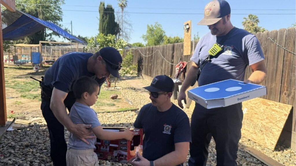Visalia firefighters contained an attic fire Wednesday, April 29, 2026, afternoon, then helped clean up and organize a child’s birthday party, complete with pizza and a gift. (Visalia FD)
