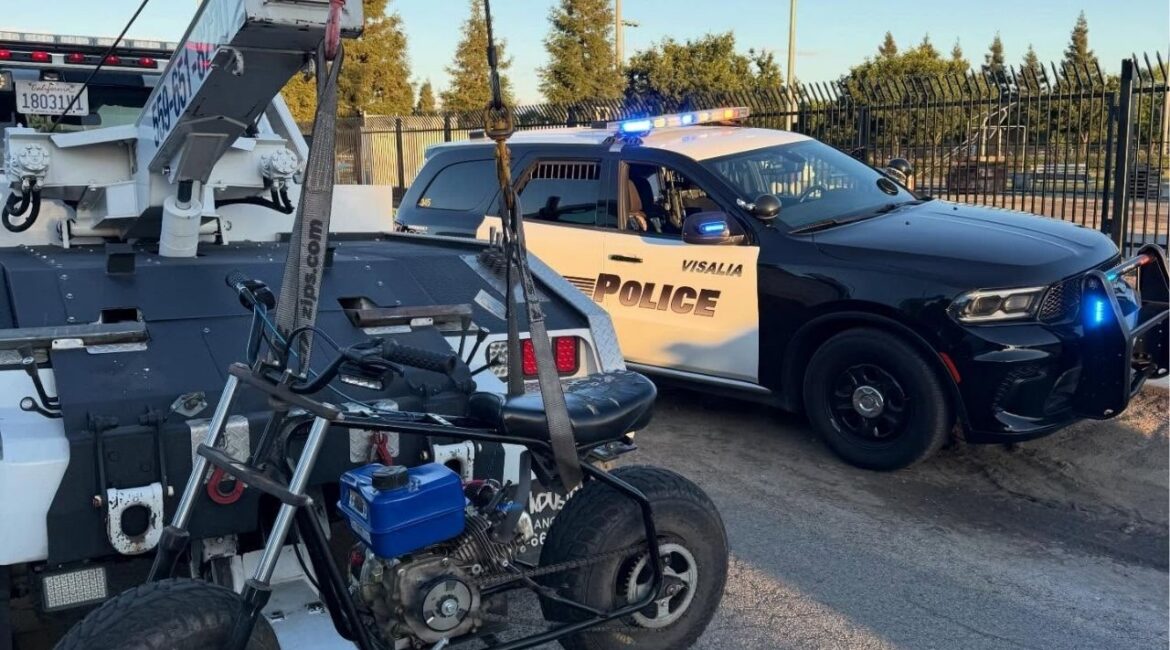 Visalia police issued citations and impounded multiple off-road motorcycles during an enforcement operation targeting illegal riding on public streets and pedestrian areas. (Visalia PD)