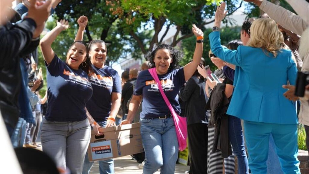 Sandra Celedon, executive director of Building Healthy Communities and other workers delivering signatures for the Better Roads. Safe Streets initiative to the Fresno County Clerk's Office on April 14, 2026. (GV Wire/Edward Smith)