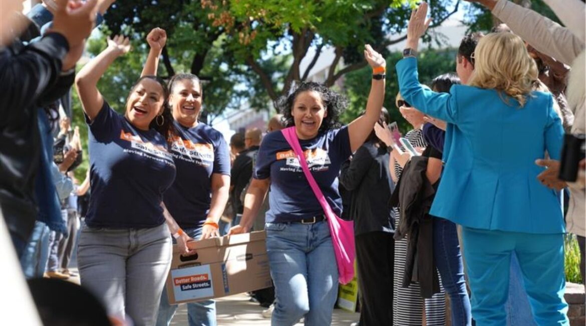 Sandra Celedon, executive director of Building Healthy Communities and other workers delivering signatures for the Better Roads. Safe Streets initiative to the Fresno County Clerk's Office on April 14, 2026. (GV Wire/Edward Smith)