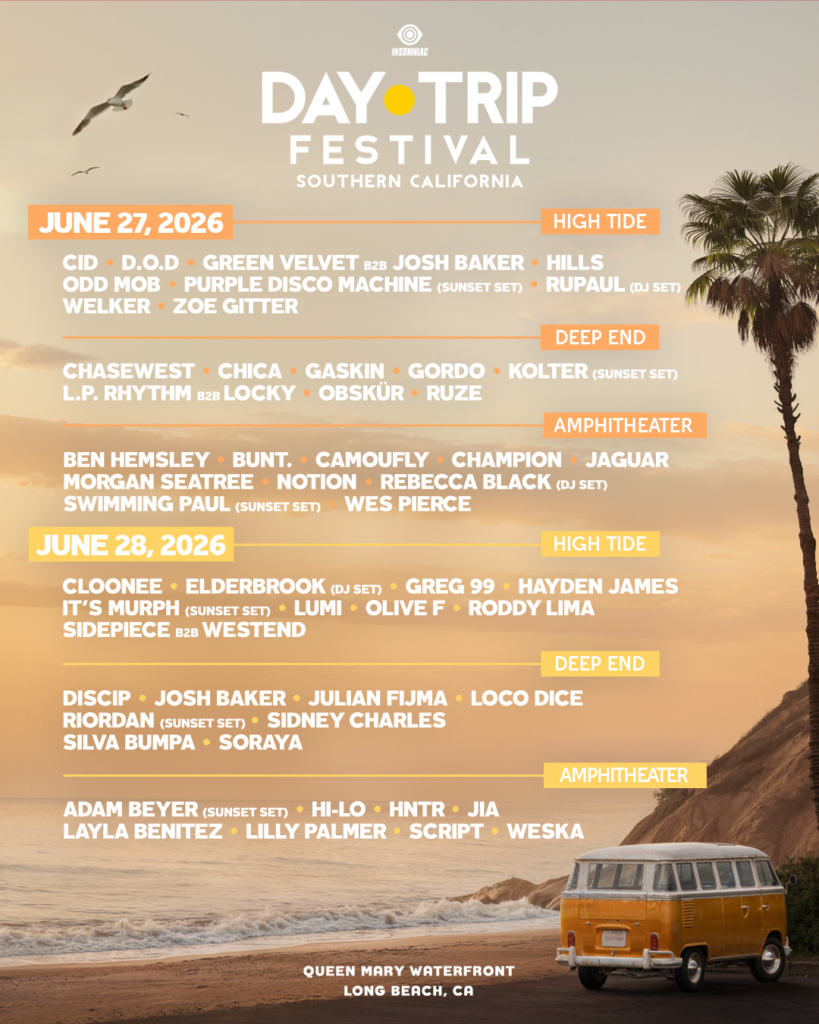 Insomniac has announced the 2026 Day Trip Festival lineup in Long Beach, featuring headliners Cloonee, Odd Mob and GORDO, with tickets going on sale Friday, April 24, 2026. (Insomniac) 