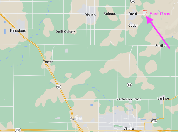 Locator map for East Orosi, an unincorporated town in California's Tulare County