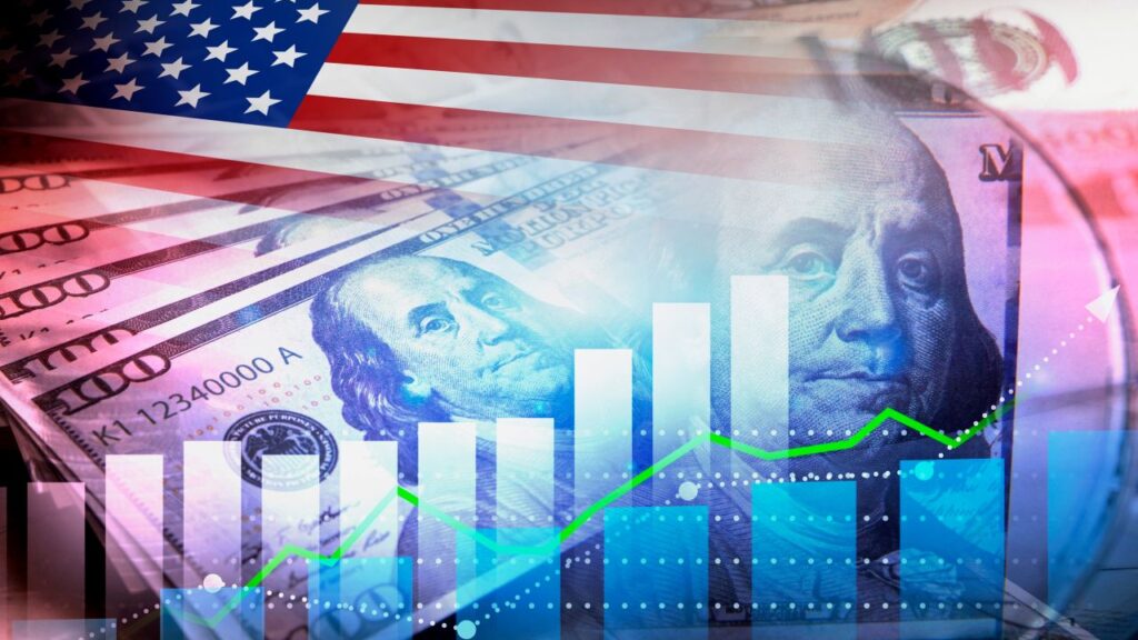 Composite red white and blue image of $100 bill and graphy bars symbolizing inflation