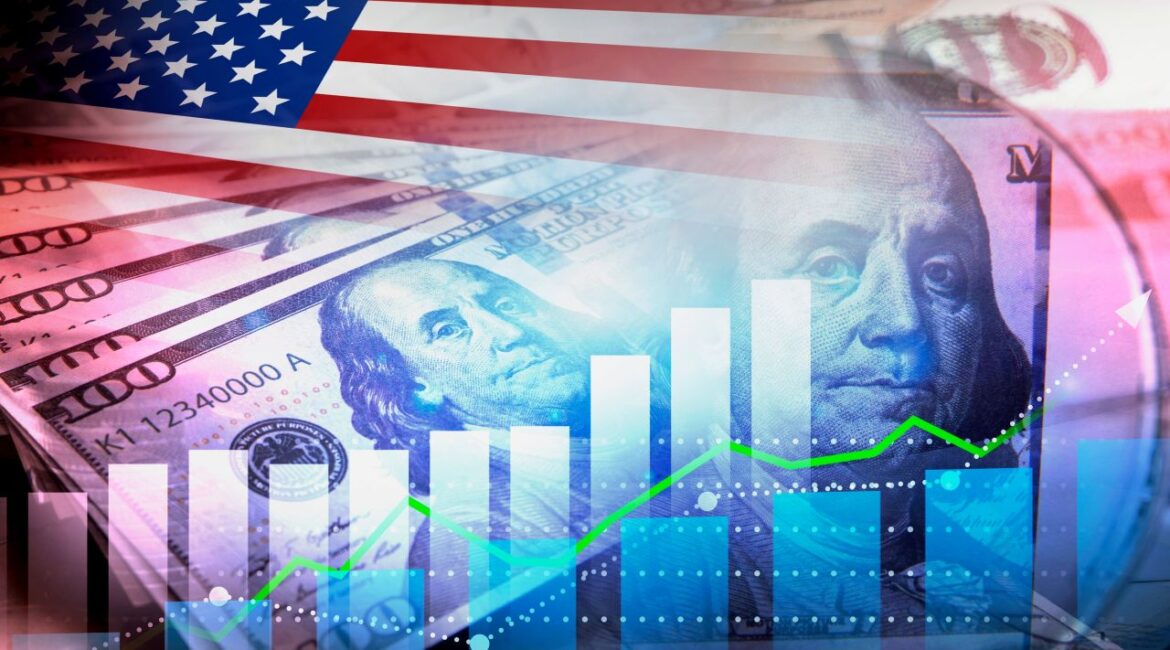 Composite red white and blue image of $100 bill and graphy bars symbolizing inflation