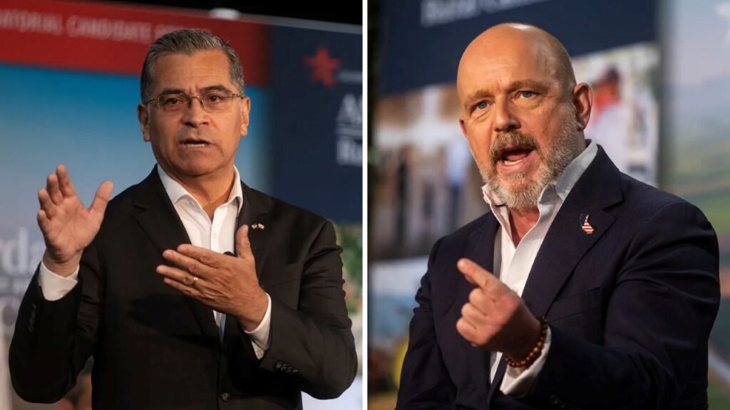Images of Xavier Becerra and Steve Hilton, both are gesturing and wearing dark suits with white open collar shirts