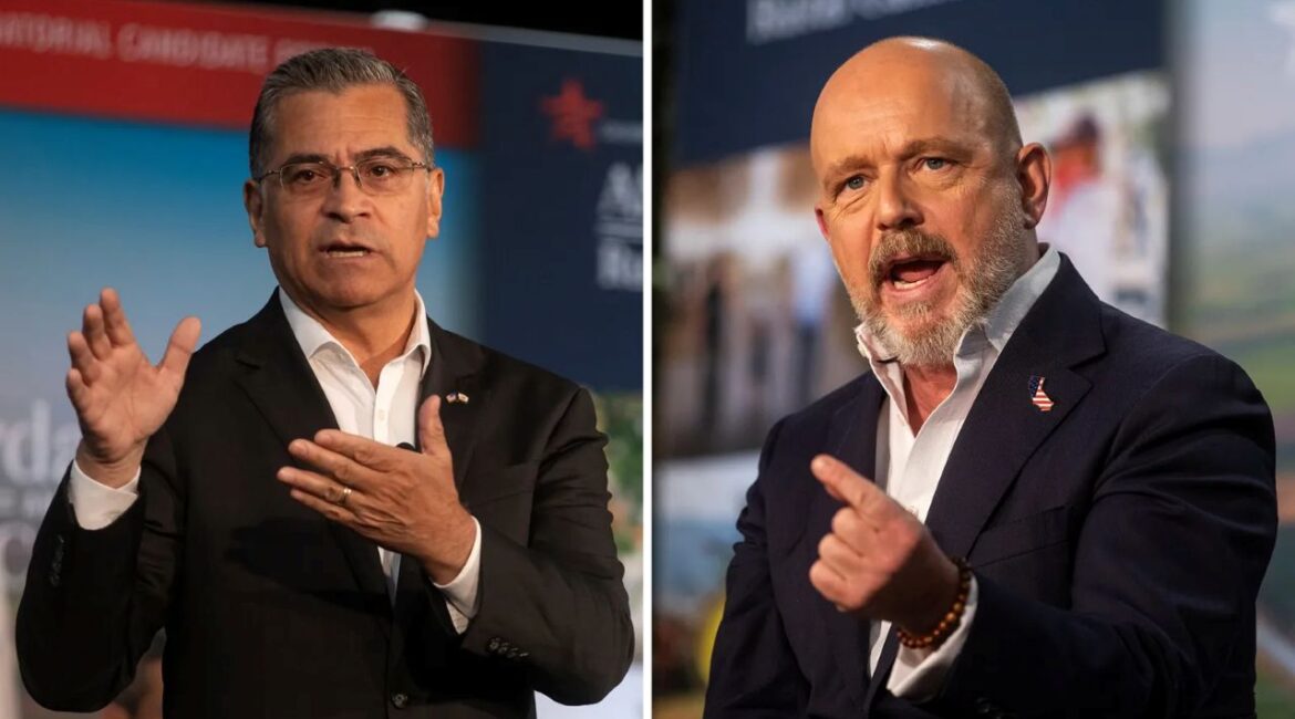 Images of Xavier Becerra and Steve Hilton, both are gesturing and wearing dark suits with white open collar shirts