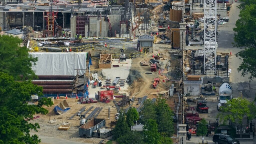 Aerial view of construction on President Trump's planned White House ballroom project
