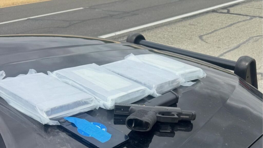 A CHP Coalinga traffic stop on Interstate 5 led to the arrest of a driver after officers say they found about 4 kilograms of suspected fentanyl and a loaded handgun in the vehicle. (CHP)