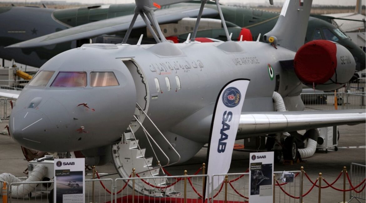 A GlobalEye aircraft, manufactured by Saab Technologies, on static design during the fifth day of Dubai Air Show in Dubai, United Arab Emirates November 21, 2019. Picture taken November 21, 2019. (Reuters File)