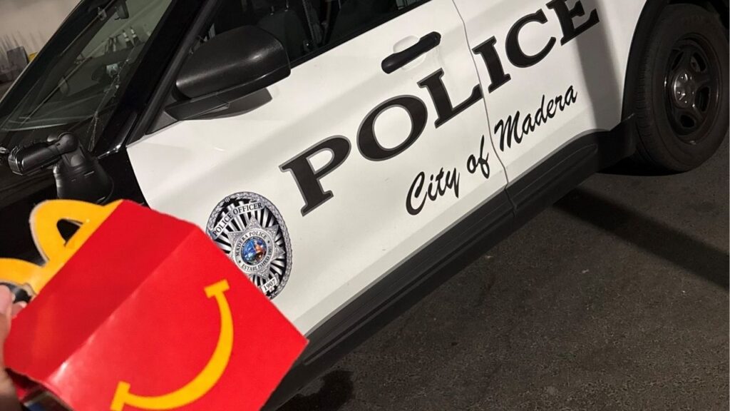 A McDonald’s customer who thought they were buying a meal for an officer instead unknowingly covered the cost of a Happy Meal for a child in need Tuesday night, Madera police said. (Madera PD)