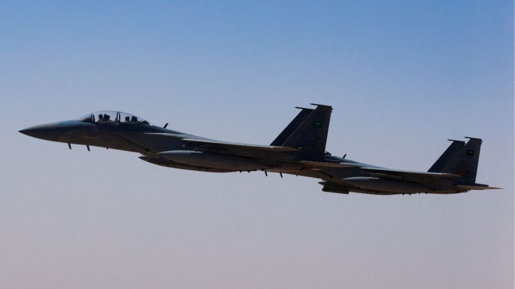 A Saudi fighter jet accompanies Air Force One, carrying U.S. President Donald Trump, on approach to the King Khalid International Airport in Riyadh, Saudi Arabia, May 13, 2025. (Reuters File)