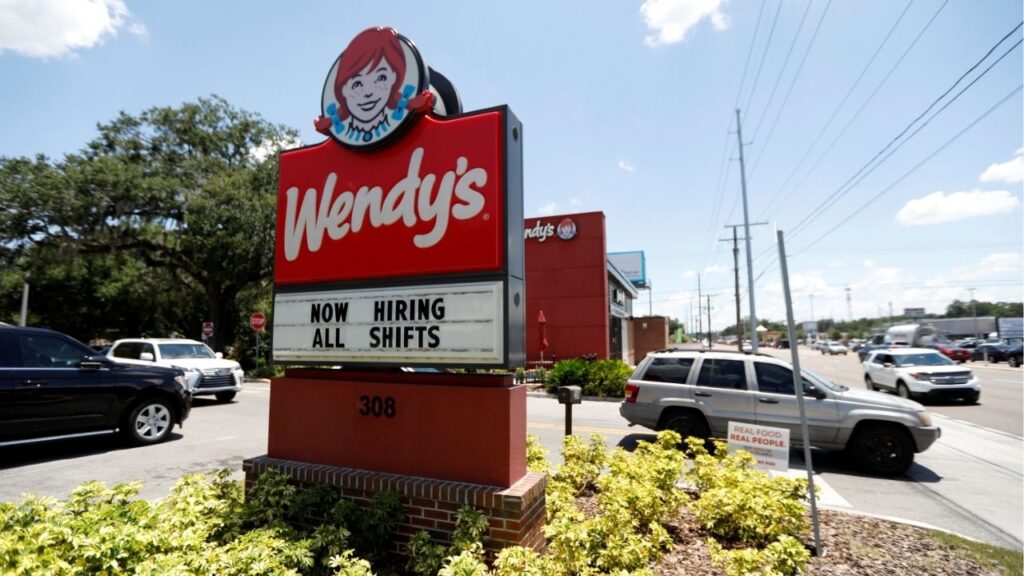 A Wendy's restaurant displays a "Now Hiring" sign in Tampa, Florida, U.S., June 1, 2021. (Reuters/Octavio Jones)