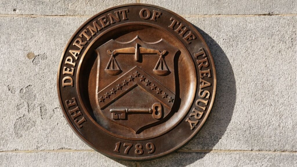 A bronze seal for the Department of the Treasury is shown at the U.S. Treasury building in Washington, U.S., January 20, 2023. (Reuters/Kevin Lamarque)