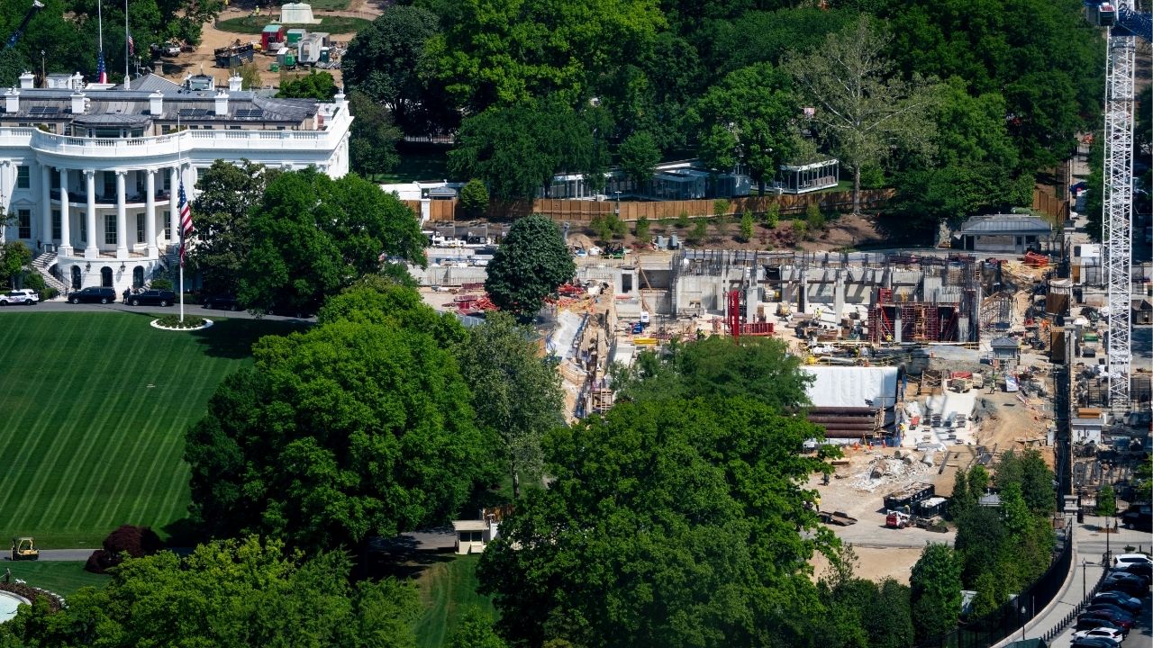 A construction site at the White House in Washington, April 23, 2026. Senate Republicans have inserted $1 billion for White House East Wing security enhancements in the immigration enforcement funding bill they hope to rush through Congress in May, setting up a political fight over a ballroom that President Trump has said would be financed with private money. (Doug Mills/The New York Times)