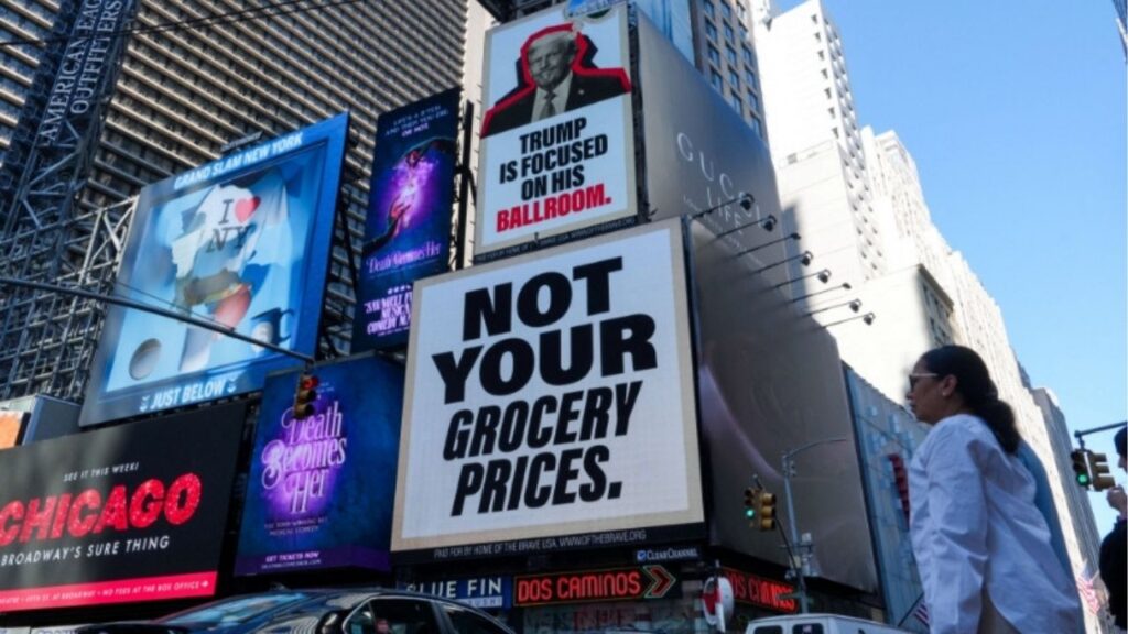 A digital billboard, paid for by Home of the Brave, about U.S. President Trump and the White House ballroom is displayed in Times Square in New York City, U.S., May 18, 2026. (Reuters/Adam Gray)