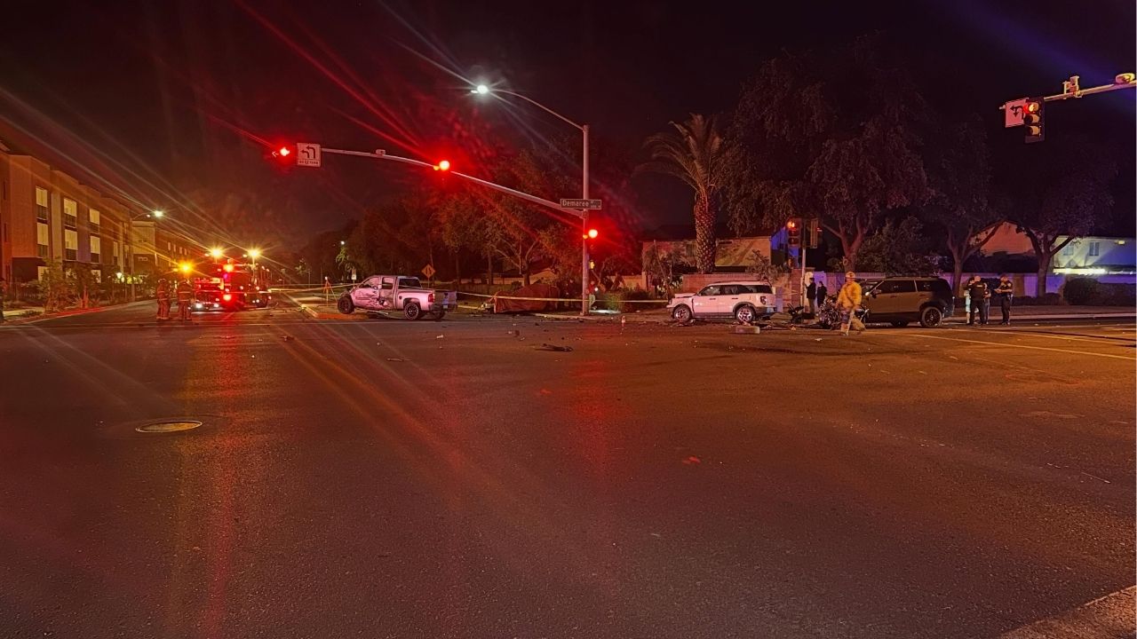 A driver died Wednesday night after a four-vehicle crash sparked a vehicle fire on Demaree Street in Visalia, prompting road closures and a police investigation. (Visalia PD)
