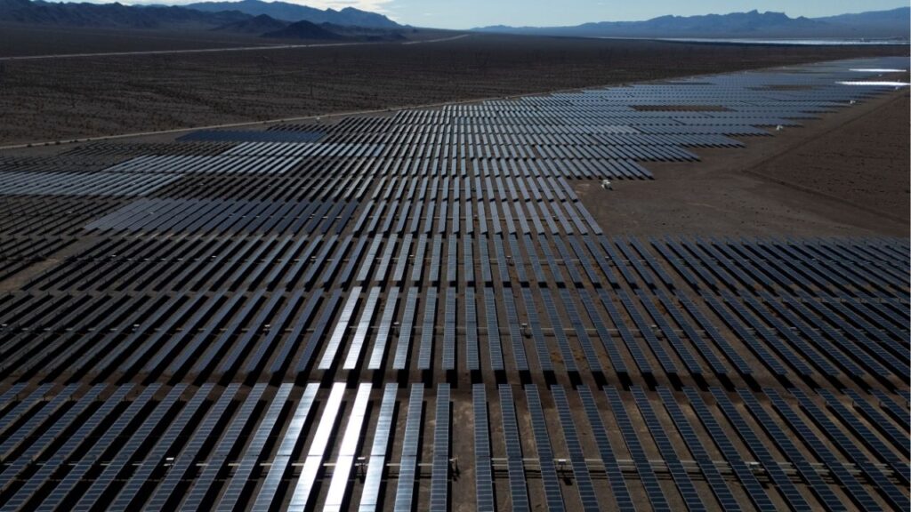 A drone view of sunlight reflecting off solar panels at the Boulder Solar 1 facility in Boulder City, Nevada, U.S., November 23, 2025. (Reuters/Daniel Cole)
