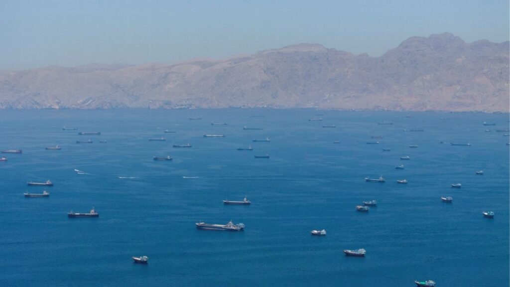 A drone view shows vessels anchored at the Strait of Hormuz, as seen from Musandam, Oman, May 25, 2026. (Reuters File)