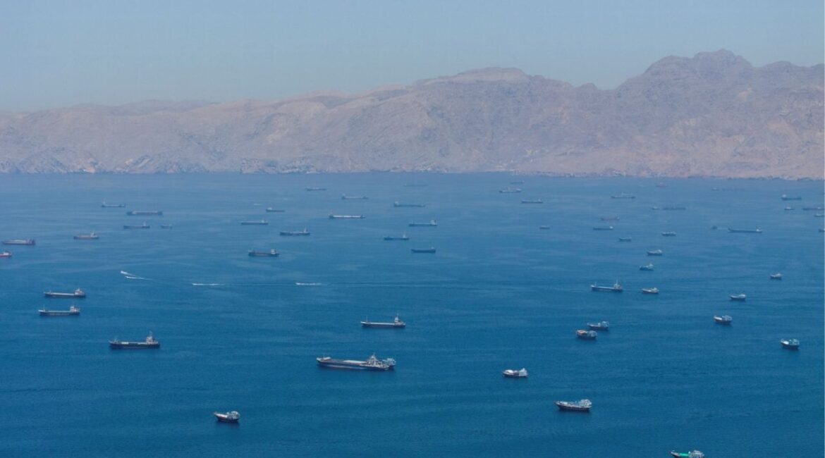 A drone view shows vessels anchored at the Strait of Hormuz, as seen from Musandam, Oman, May 25, 2026. (Reuters File)