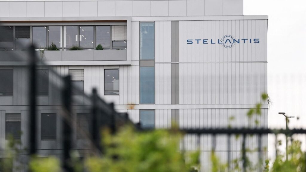 A logo on the exterior of a Stellantis office building in Poissy, near Paris, France, May 4, 2026. (Reuters/Benoit Tessier)