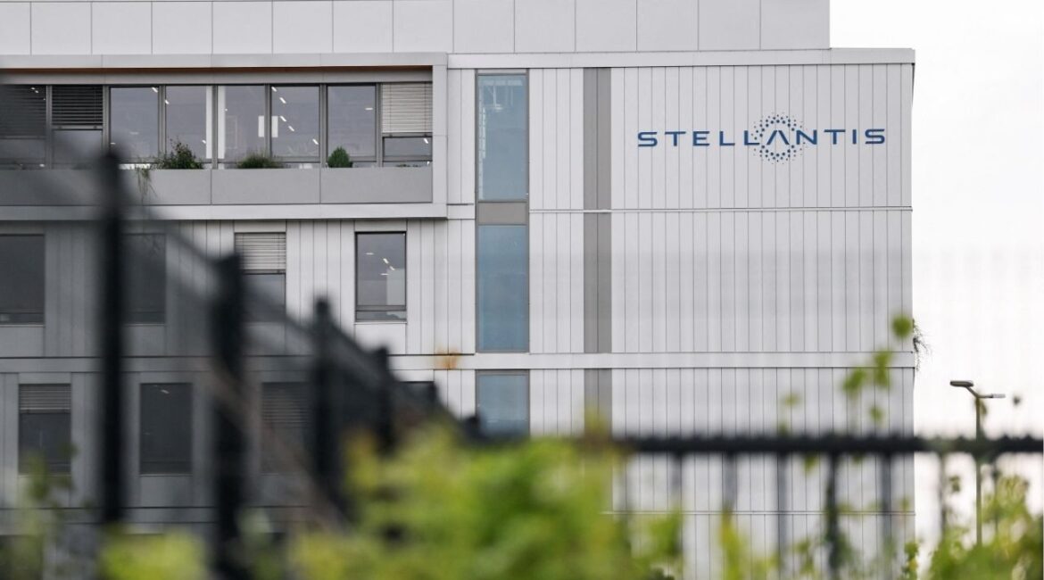 A logo on the exterior of a Stellantis office building in Poissy, near Paris, France, May 4, 2026. (Reuters/Benoit Tessier)