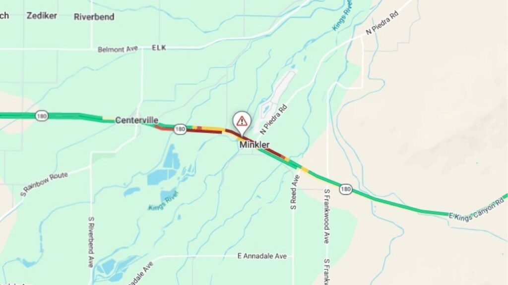 A multi-vehicle collision involving a vehicle fire has shut down Highway 180 in both directions near Piedra Road in Fresno County, with no estimated time for reopening. (Caltrans)