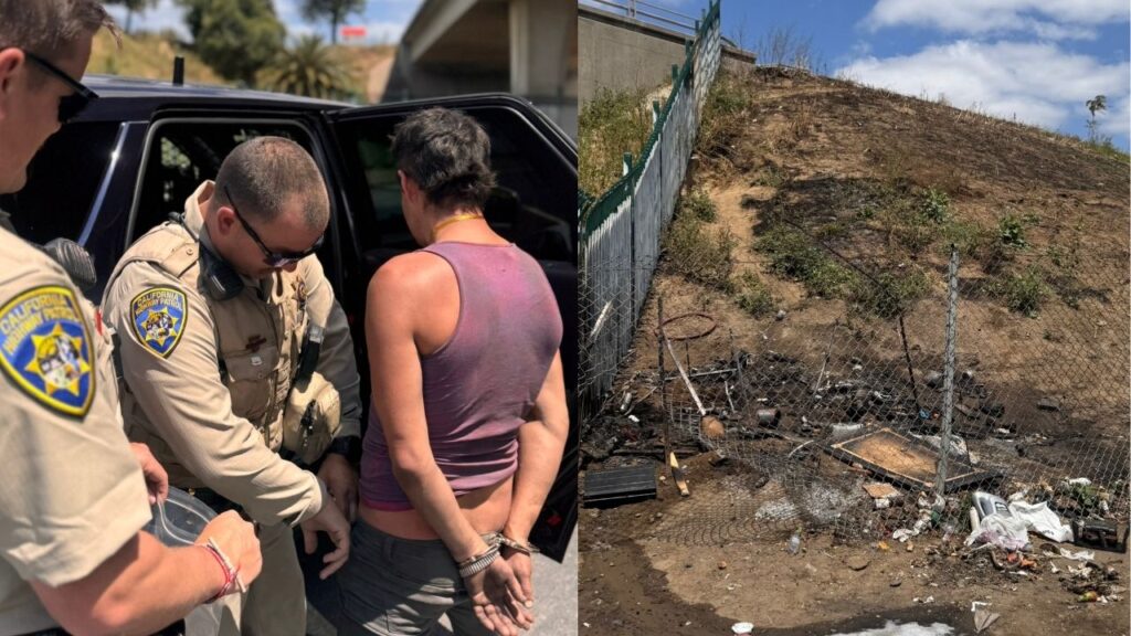 A person was arrested Wednesday, May 6, 2026, after allegedly setting a fire during a CHP and Caltrans homeless encampment cleanup along a California freeway. (CHP)
