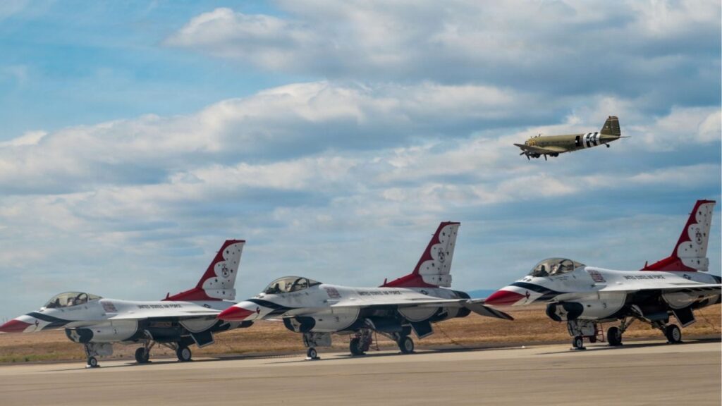 A photo provided by Senior Airman Xavier Wilson/U.S. Air Force shows the U.S. Air Force demonstration squadron Thunderbirds on the tarmac at the Gunfighter Skies air show at Mountain Home Air Force Base in Idaho on Sunday, May 17, 2026. Video shared on social media showed the jets striking each other and spinning toward the ground. At least four parachutes were deployed before the planes crashed. (Senior Airman Xavier Wilson/U.S. Air Force via The New York Times)