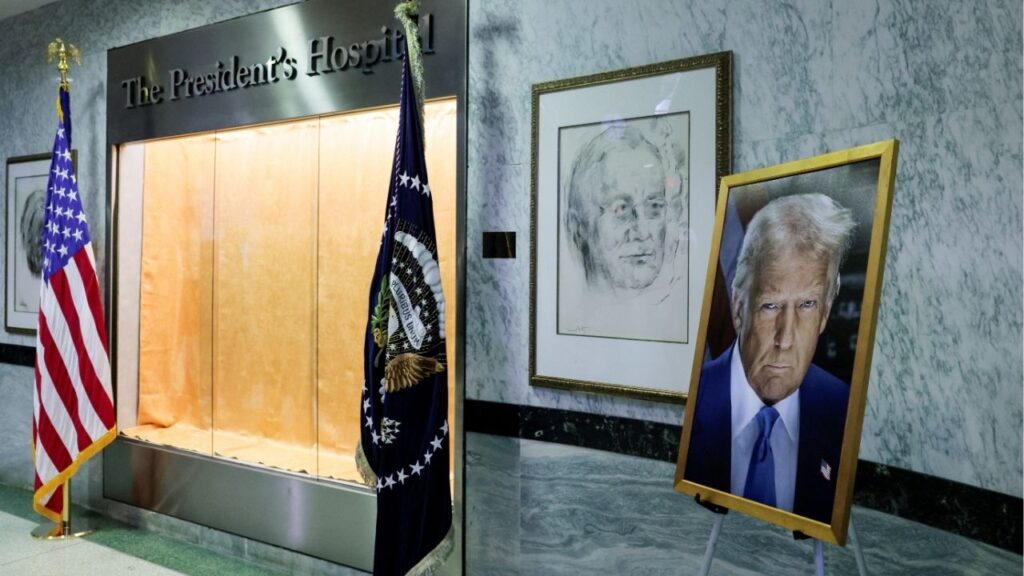 A picture of U.S. President Donald Trump is displayed at Walter Reed National Military Medical Center on the day of his visit, in Bethesda, Maryland, U.S., May 26, 2026. (Reuters/Kylie Cooper)