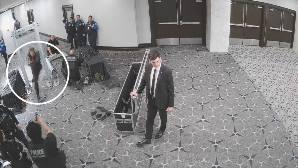A screen grab from a video released by the FBI on May 1 shows a man identified as Cole Tomas Allen running through a security checkpoint outside the White House correspondents’ dinner on Saturday, April 25, 2026. Jeanine Pirro, the U.S. attorney for the District of Columbia, asserted asserted that the video resolved uncertainty about whose gunfire had struck a Secret Service officer. (Federal Bureau of Investigation via The New York Times)
