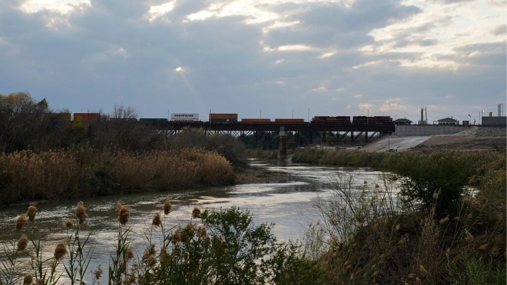 A train coming from Mexico is seen crossing into the U.S. in Laredo, Texas on Feb. 4, 2025. The bodies were discovered in the city of Laredo. The circumstances of their deaths were not immediately known, the authorities said. (Gabriel V. Cárdenas/The New York Times)