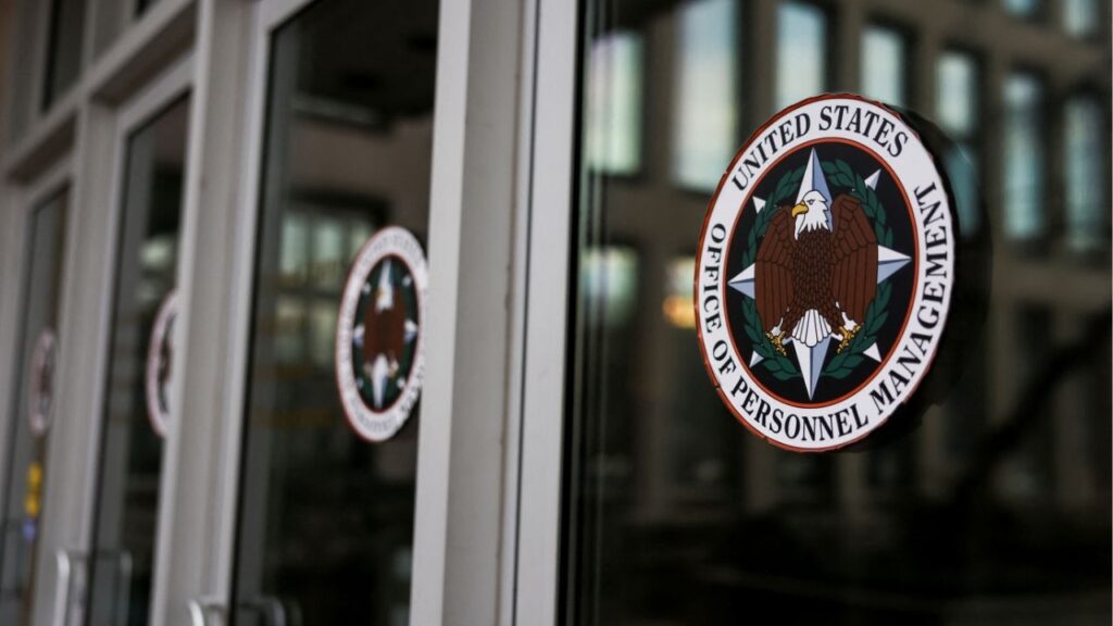 A view shows logos of the Office of Personnel Management (OPM), after probationary staff at the OPM were fired in a conference call and given less than an hour to leave the building, outside OPM in Washington, D.C., U.S., February 13, 2025. (Reuters/Tierney L. Cross)