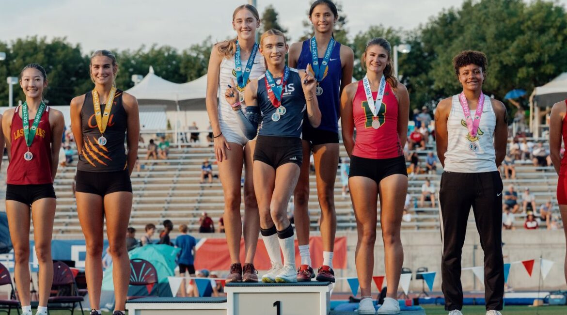 Image of medal placing trans and women athletes on the podium at the California State Track and Field Championships