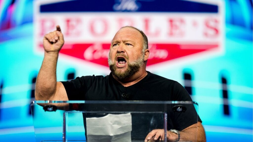 Alex Jones, the right-wing conspiracist, speaks in Detroit on June 16, 2024. The owners of Colony Ridge, a housing development near Houston popular with Hispanic buyers, have filed a defamation suit against Jones and a former Republican candidate for Texas governor, Pete Chambers, over a February video interview about the development, and how it was promoted on social media. (Nic Antaya/The New York Times)