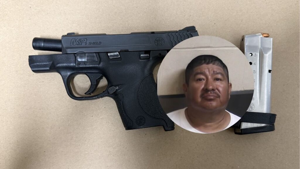 Alfredo Moreno Gonzales, 46, of Sanger, was arrested Wednesday, May 6, 2026, night after police said he threatened family members with a firearm during a domestic disturbance and officers later recovered a gun and ammunition from the home. (Sanger PD)