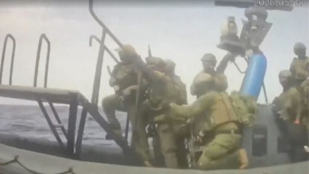 An Israeli naval boat intercepts the Global Sumud Flotilla en route to Gaza, in an attempt to deliver aid, at sea May 18, 2026, in this screengrab taken from a handout video. (Global Sumud Flotilla/Handout via Reuters)