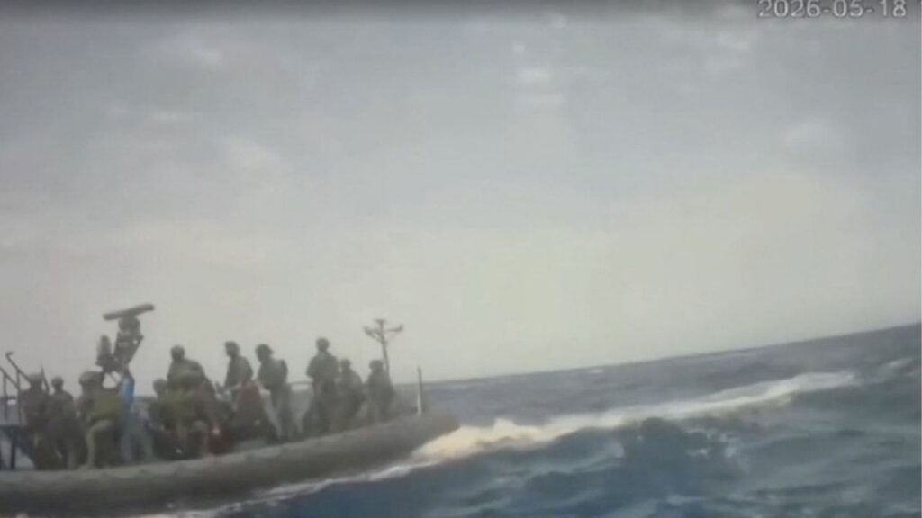 An Israeli naval boat intercepts the Global Sumud Flotilla en route to Gaza, in an attempt to deliver aid, at sea May 18, 2026, in this screengrab taken from a handout video. Global Sumud Flotilla/Handout via Reuters