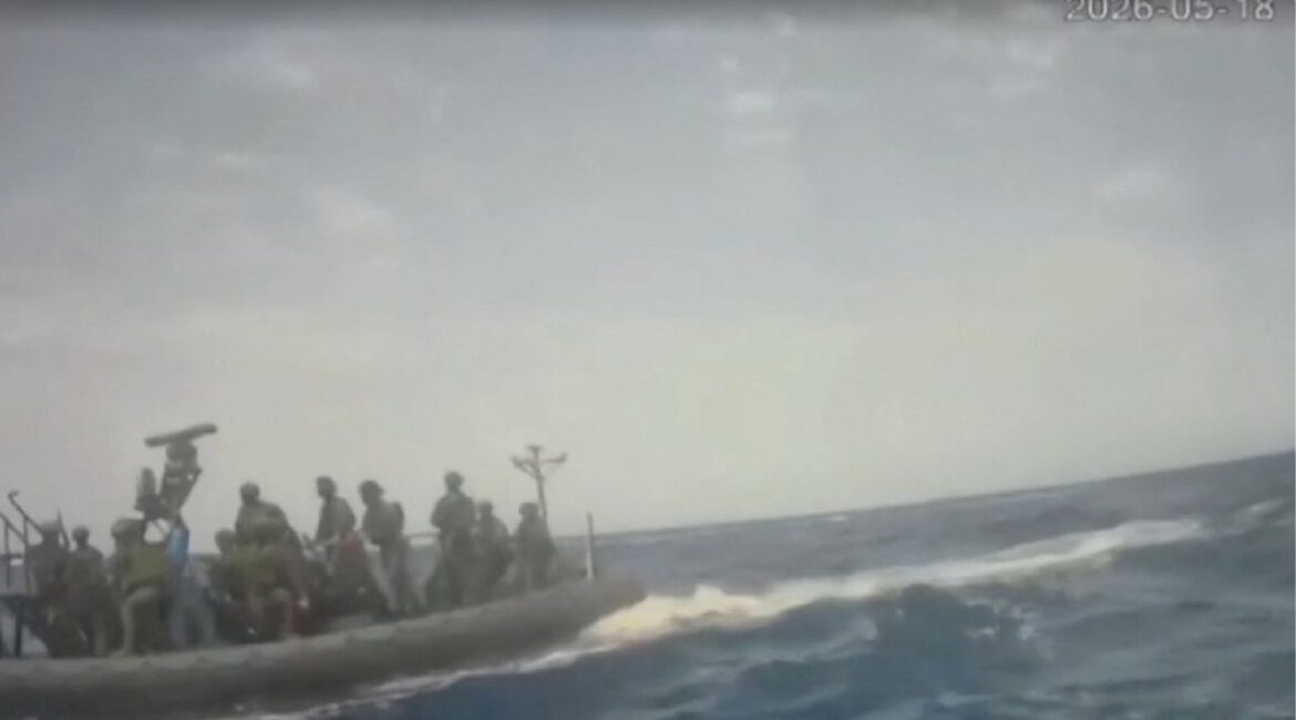 An Israeli naval boat intercepts the Global Sumud Flotilla en route to Gaza, in an attempt to deliver aid, at sea May 18, 2026, in this screengrab taken from a handout video. Global Sumud Flotilla/Handout via Reuters