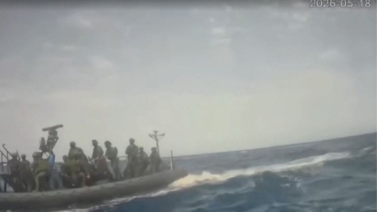 An Israeli naval boat intercepts the Global Sumud Flotilla en route to Gaza, in an attempt to deliver aid, at sea May 18, 2026, in this screengrab taken from a handout video. Global Sumud Flotilla/Handout via Reuters
